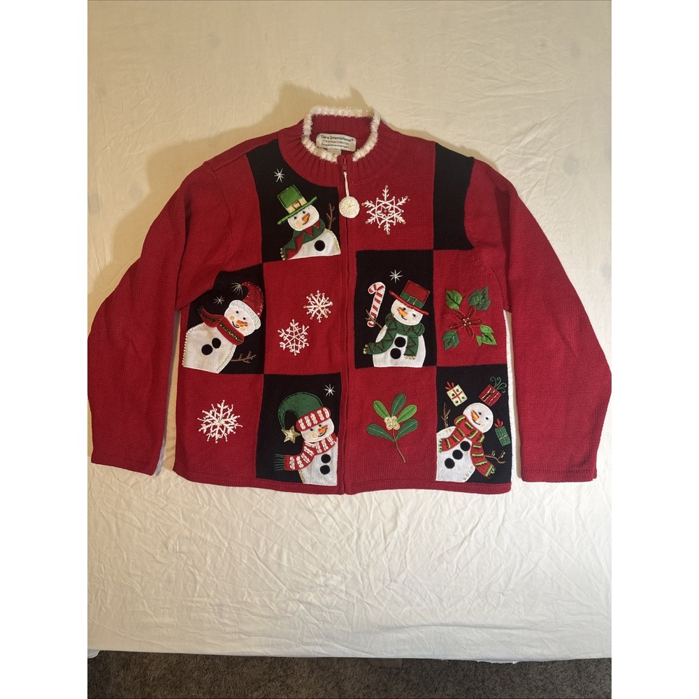 VTG TIARA INTL Red Christmas‎ Sweater Zip Beaded Embroidered Snowman Women's XL